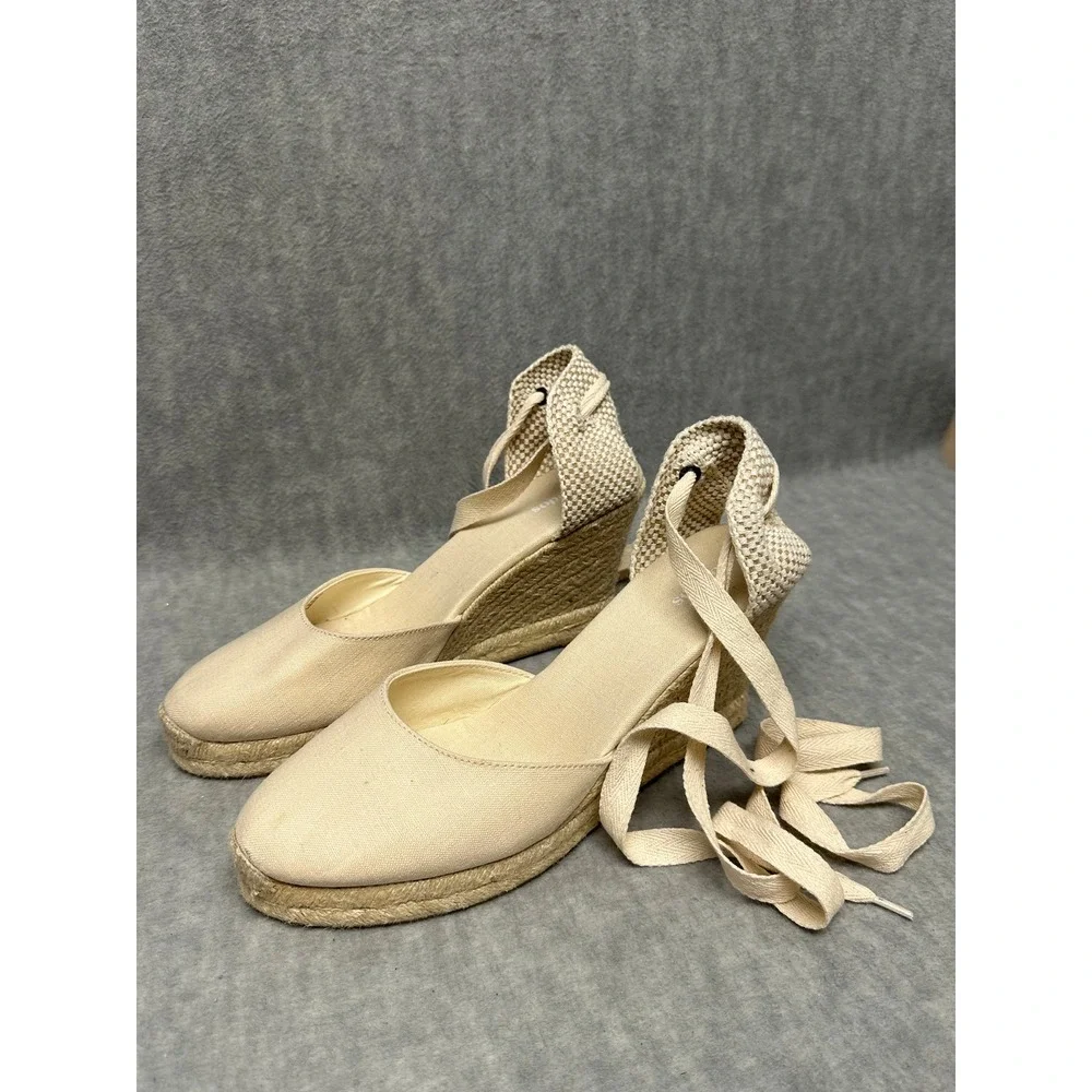 Soludos Size 11 Espadrille Wedge Sandals Beige Canvas Lace Up Ankle‎ Tie Jute